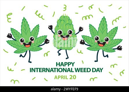 Happy International Weed Day Banner. Niedliche und lustige Cannabisfiguren verlässt und knotet glücklich und feiert den Feiertag 420. Design für Grußkarte, Invi Stock Vektor