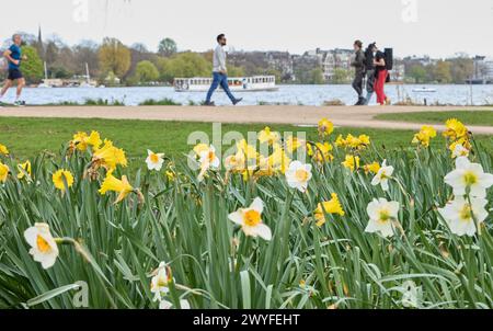 Hamburg, Deutschland. April 2024. Wanderer schlendern bei angenehmen Temperaturen entlang der Außenalster. Quelle: Georg Wendt/dpa/Alamy Live News Stockfoto