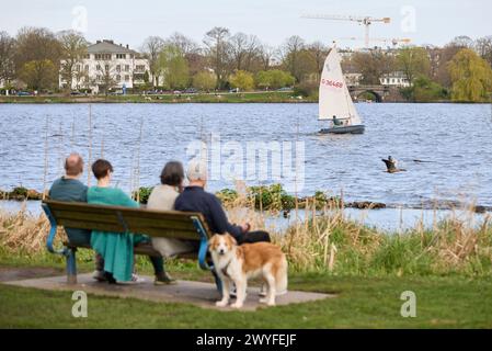 Hamburg, Deutschland. April 2024. Die Menschen auf einer Parkbank genießen die angenehmen Temperaturen auf der Außenalster, während ein Segelboot auf dem Wasser vorbeifährt. Quelle: Georg Wendt/dpa/Alamy Live News Stockfoto