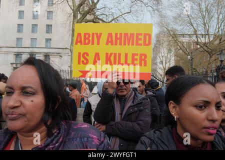 London, Großbritannien. April 2024. Aktivisten versammeln sich vor dem Außenministerium in London zum globalen Protest für Tigray. Im Mai 2023 hatten die kombinierten Auswirkungen von Kriegsgewalt, Hungersnöten und mangelndem Zugang zu medizinischen Hilfsmitteln schätzungsweise 162 bis 000 Menschen getötet, wobei andere Schätzungen Schätzungen bis zu 600.000 Tote erreichten. Der Protest ist ein Aufruf zum Handeln und fordert die internationale Gemeinschaft auf, die anhaltende Krise zur Kenntnis zu nehmen und zu intervenieren. Quelle: Joao Daniel Pereira/Alamy Live News Stockfoto