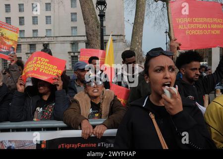 London, Großbritannien. April 2024. Aktivisten versammeln sich vor dem Außenministerium in London zum globalen Protest für Tigray. Im Mai 2023 hatten die kombinierten Auswirkungen von Kriegsgewalt, Hungersnöten und mangelndem Zugang zu medizinischen Hilfsmitteln schätzungsweise 162 bis 000 Menschen getötet, wobei andere Schätzungen Schätzungen bis zu 600.000 Tote erreichten. Der Protest ist ein Aufruf zum Handeln und fordert die internationale Gemeinschaft auf, die anhaltende Krise zur Kenntnis zu nehmen und zu intervenieren. (Foto: Joao Daniel Pereira/SIPA USA) Credit: SIPA USA/Alamy Live News Stockfoto