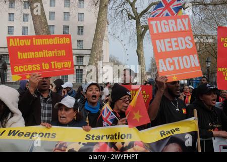 REKORDDATUM NICHT ANGEGEBEN Globale Proteste für Tigray in London Aktivisten versammeln sich vor dem Außenministerium in London für den Globalen Protest für Tigray. Im Mai 2023 hatten die kombinierten Auswirkungen von Kriegsgewalt, Hungersnöten und mangelndem Zugang zu medizinischen Hilfsmitteln schätzungsweise 162 bis 000 Menschen getötet, wobei andere Schätzungen Schätzungen bis zu 600.000 Tote erreichten. Der Protest ist ein Aufruf zum Handeln und fordert die internationale Gemeinschaft auf, die anhaltende Krise zur Kenntnis zu nehmen und zu intervenieren. London England UK Copyright: XJoaoxDanielxPereirax Stockfoto