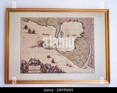 Alte gravierte Karte von Cadiz, der antiken Hafenstadt in Andalusien, Spanien Stockfoto