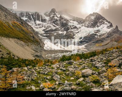 Blick auf den Gletscher im Französischen Tal, Torres del Paine Nationalpark, Patagonien, Chile, Südamerika Stockfoto