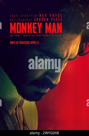 Monkey man (2024) unter der Regie von Dev Patel mit Dev Patel, Sharlto Copley und Pitobash. Ein anonymer junger Mann entfesselt eine Rache-Kampagne gegen die korrupten Führer, die seine Mutter ermordet haben und weiterhin systematisch die Armen und Ohnmacht zum Opfer fallen lassen. US-Poster mit einem Blatt ***NUR FÜR REDAKTIONELLE ZWECKE***. Quelle: BFA / Universal Pictures Stockfoto