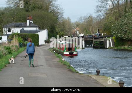 Harefield, Großbritannien. April 2024. Sturm Kathleen hat heute Harefield in Uxbridge passiert, als die Menschen heute an einem milden Tag auf dem Grand Union Canal und dem Schleppweg waren. Die Temperaturen sollen in diesem Jahr den bisher wärmsten Tag erreicht haben. Kredit: Maureen McLean/Alamy Stockfoto