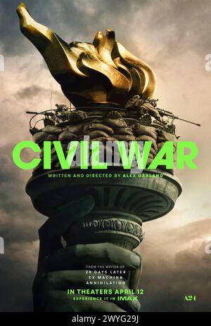 Civil war (2024) unter der Regie von Alex Garland mit Jesse Plemons, Cailee Spaeny und Kirsten Dunst. In naher Zukunft reist ein Team von Journalisten durch die Vereinigten Staaten, während eines sich rasch verschärfenden Bürgerkriegs, der das gesamte Land erfasst hat. US-Poster mit einem Blatt ***NUR FÜR REDAKTIONELLE ZWECKE***. Quelle: BFA / A24 Stockfoto