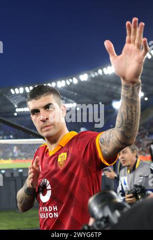 Rom, Italie. April 2024. Gianluca Mancini von Roma feiert den Sieg am 6. April 2024 im Stadio Olimpico in Rom, Italien - Foto Federico Proietti/DPPI Credit: DPPI Media/Alamy Live News Stockfoto