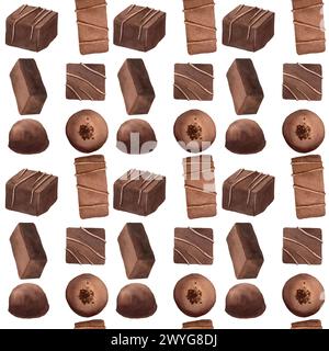 Schokoladenbonbons nahtloses Muster auf weißem Hintergrund mit süßen Essensdesserts. Handgezeichnet in Aquarell für Verpackungen, Stoffe. Stockfoto