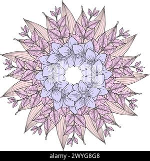 Blumenmandala aus Blumen, Zweigen und Blättern. Mandala in Form eines Kranzes Stockfoto