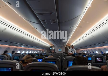 Rom, Italien - 18. August 2023: Innenraum eines großen Passagierflugzeugs mit Personen auf Sitzen und Stewardess in Uniform, die durch den Gang geht Stockfoto