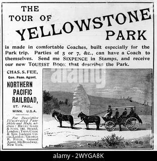 Werbung in einer englischen Zeitschrift für Touren durch den Yellowstone Park in den USA, um 1896 Stockfoto