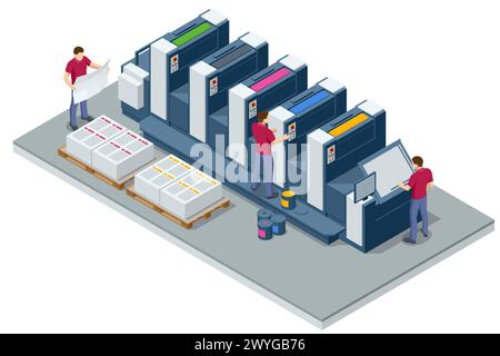 Isometrische Offsetdruckmaschine während der Produktion. Druckmaschinen im Druckbetrieb. Stock Vektor