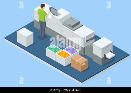 Isometrischer digitaler Laserdrucker, Großformatdruckmaschine in Betrieb. Druckerei Polygraphiebranche Stock Vektor