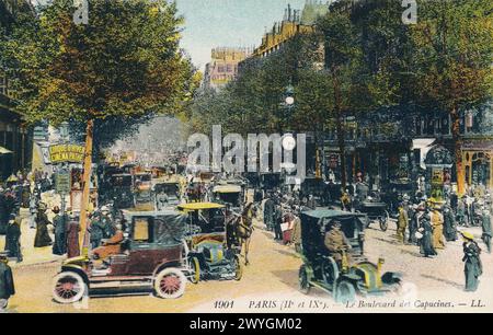 Französische Vintage-Postkarte des Boulevard des Capucines in Paris, Frankreich. Stockfoto