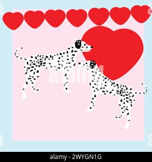 Dalmatinische Hunde versammelt um ein großes rotes Herz mit einem Herzkranz flach Design; bunte Karte für Veranstaltungen mit Hunden Pastellfarben flach Design Stock Vektor