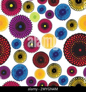 Nahtloses geometrisches Muster mit farbenfroher Rosette; verschiedene Rosette-Designs mit Grunge-Kontur Stock Vektor