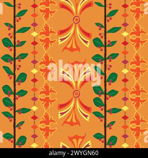 Vintage-Muster mit Kirschzweig und farbenfrohen Vintage-Ornamenten; bunte Ornamente Reihen Stock Vektor