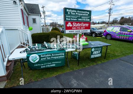 Middletown, NY, USA. April 2024. Atmosphäre beim Tax Deadline Event im Reliable Accounting & Tax Preparation Office. Quelle: Steve Mack/Alamy Live News Stockfoto