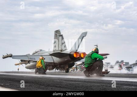 RED SEA (23. März 2024) ein E/A-18G Growler aus den „Zappers“ der Electronic Attack Squadron (VAQ) 130 startet vom Cockpit Stockfoto