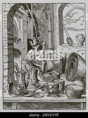 Kupferschmied. Faksimile nach Zeichnung und Stich von Jost Amman im 16. Jahrhundert. "Moeurs, usages et Kostüumes au moyen-âge et à l'époque de la Renaissance" von Paul Lacroix. Paris, 1878. Stockfoto