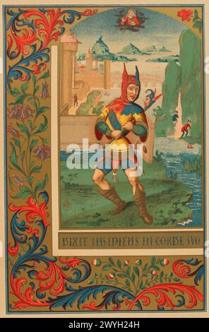 Französischer Hofnarr im 15. Jahrhundert. Chromolithographie aus einem Faksimile einer Miniatur. "Moeurs, usages et Kostüumes au moyen-âge et à l'époque de la Renaissance" von Paul Lacroix. Paris, 1878. Stockfoto