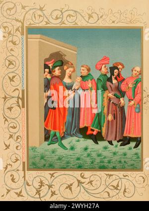 Das Retinue einer jungen Mutter, das die Pariser Trachten Ende des 14. Jahrhunderts darstellt. Chromolithographie nach einer Miniatur von Terence de Ducs Manuskript, die König Karl VI. Im 15. Jahrhundert gehörte. "Moeurs, usages et Kostüumes au moyen-âge et à l'époque de la Renaissance" von Paul Lacroix. Paris, 1878. Stockfoto