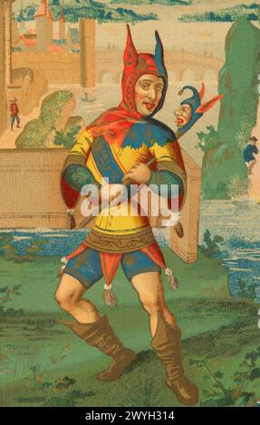 Französischer Hofnarr im 15. Jahrhundert. Chromolithographie aus einem Faksimile einer Miniatur. Details. "Moeurs, usages et Kostüumes au moyen-âge et à l'époque de la Renaissance" von Paul Lacroix. Paris, 1878. Stockfoto