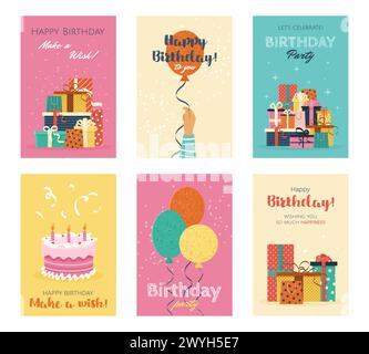 Set mit Grußkarten zum Geburtstag oder Partyeinladungen. Stock Vektor