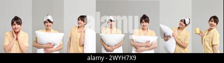 Frau im Pyjama auf grauem Hintergrund, Collage von Fotos Stockfoto