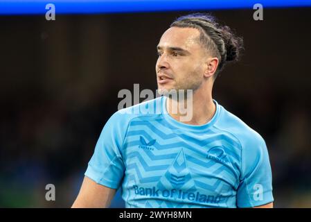 Dublin, Irland. April 2024. James Lowe von Leinster während des Investec Champions Cup, Spiel im Achtelfinale zwischen Leinster Rugby und Leicester Tigers im Aviva Stadium in Dublin, Irland am 6. April 2024 (Foto: Andrew SURMA/ Credit: SIPA USA/Alamy Live News Stockfoto
