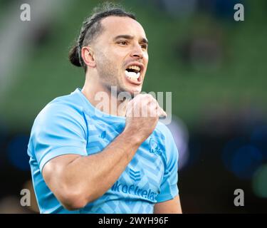 Dublin, Irland. April 2024. James Lowe von Leinster während des Investec Champions Cup, Spiel im Achtelfinale zwischen Leinster Rugby und Leicester Tigers im Aviva Stadium in Dublin, Irland am 6. April 2024 (Foto: Andrew SURMA/ Credit: SIPA USA/Alamy Live News Stockfoto