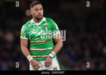 Dublin, Irland. April 2024. Phil Cokanasiga von Leicester während des Investec Champions Cup, Achtelfinale zwischen Leinster Rugby und Leicester Tigers im Aviva Stadium in Dublin, Irland am 6. April 2024 (Foto: Andrew SURMA/ Credit: SIPA USA/Alamy Live News Stockfoto