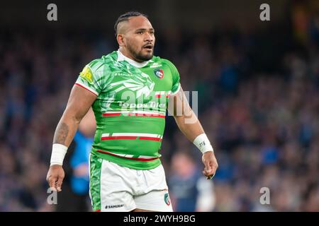 Dublin, Irland. April 2024. Solomone Kata von Leicester während des Investec Champions Cup, Achtelfinale zwischen Leinster Rugby und Leicester Tigers im Aviva Stadium in Dublin, Irland am 6. April 2024 (Foto: Andrew SURMA/ Credit: SIPA USA/Alamy Live News Stockfoto