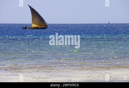 Dhow Segeln entlang eines einsamen Strandes an Tansanias Südküste Stockfoto