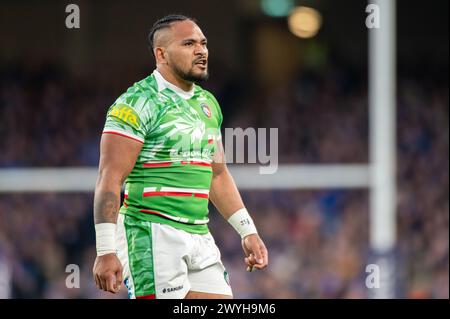Dublin, Irland. April 2024. Solomone Kata von Leicester während des Investec Champions Cup, Achtelfinale zwischen Leinster Rugby und Leicester Tigers im Aviva Stadium in Dublin, Irland am 6. April 2024 (Foto: Andrew SURMA/ Credit: SIPA USA/Alamy Live News Stockfoto