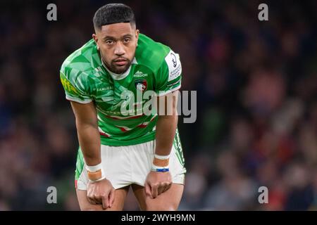 Dublin, Irland. April 2024. Phil Cokanasiga von Leicester während des Investec Champions Cup, Achtelfinale zwischen Leinster Rugby und Leicester Tigers im Aviva Stadium in Dublin, Irland am 6. April 2024 (Foto: Andrew SURMA/ Credit: SIPA USA/Alamy Live News Stockfoto