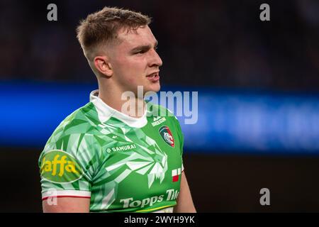 Dublin, Irland. April 2024. Jack van Poortvliet von Leicester während des Investec Champions Cup, Spiel im Achtelfinale zwischen Leinster Rugby und Leicester Tigers im Aviva Stadium in Dublin, Irland am 6. April 2024 (Foto: Andrew SURMA/ Credit: SIPA USA/Alamy Live News Stockfoto