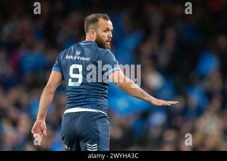 Dublin, Irland. April 2024. Jamison Gibson-Park of Leinster feiert am 6. April 2024 im Aviva Stadium in Dublin, Irland, das Torrettespiel während des Investec Champions Cup, dem Achtelfinale zwischen Leinster Rugby und Leicester Tigers (Foto: Andrew SURMA/ Credit: SIPA USA/Alamy Live News) Stockfoto