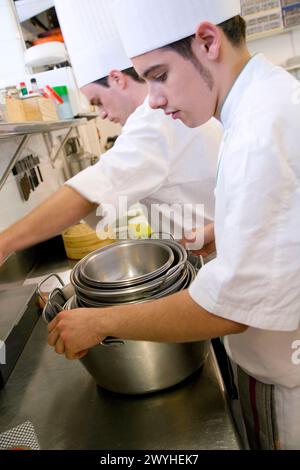 Köche, Kochtöpfe. Luis Irizar Kochschule. Donostia, Gipuzkoa, Baskenland, Spanien. Stockfoto