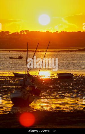 Hafen von Carantec, im Hintergrund Saint-Pol-de-Léon, Morlaix Bay, Finistère, Bretagne, Bretagne, Frankreich. Stockfoto