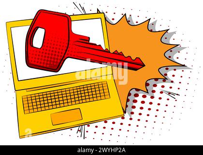 Comic-Laptop, Comic-Notizbuch mit Schlüssel. Retro-Vektor-Comics Pop-Art-Design. Stock Vektor