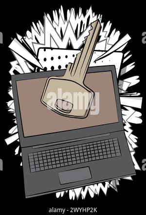 Comic-Laptop, Comic-Notizbuch mit Schlüssel. Retro-Vektor-Comics Pop-Art-Design. Stock Vektor