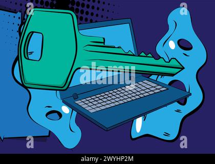 Comic-Laptop, Comic-Notizbuch mit Schlüssel. Retro-Vektor-Comics Pop-Art-Design. Stock Vektor