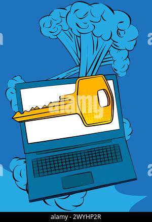 Comic-Laptop, Comic-Notizbuch mit Schlüssel. Retro-Vektor-Comics Pop-Art-Design. Stock Vektor