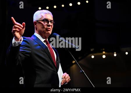 Bratislava, Slowakei. April 2024. Präsidentschaftskandidat Ivan Korcok spricht über die Wahlergebnisse während der zweiten Runde der Präsidentschaftswahlen in Bratislava, Slowakei, am 7. April 2024. Quelle: Ondrej Deml/CTK Photo/Alamy Live News Stockfoto