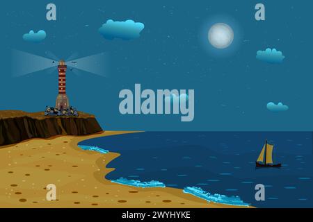 Meer, Leuchtturm und Segelboot. Landschaft mit Leuchtfeuer auf Klippen bei Nacht. Inselstrand unter dem Sternenhimmel. Mitternachtslandschaft und Leuchtturmstrahlen. Vektor Stock Vektor