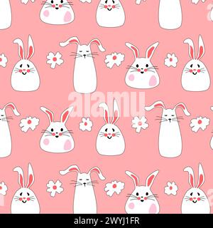 Nahtloses Muster mit Osterhasen und Blumen auf rosafarbenem Hintergrund für Kinderprodukte. Süße Kaninchen für Babykleidung. Flache Vektorillustration für den Druck von Verpackungen, Textilien und Textilien. Stock Vektor