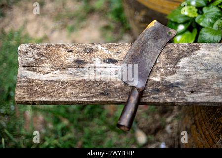 Das große Küchenmesser liegt auf einem Holzbrett. Die Lebensweise der Thailänder verwendet Messer und Holzschneidebretter als Kochwerkzeuge. Stockfoto