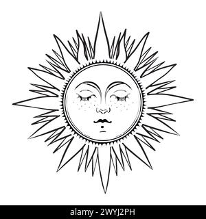 Mystische Sonne mit Gesicht und Strahlen, himmlisches Astrologie-Logo, Boho-Tattoo für Tierkreiszeichen, Tarot. Magische Hand gezeichnete Vektorillustration isoliert auf weißem Hintergrund Stock Vektor